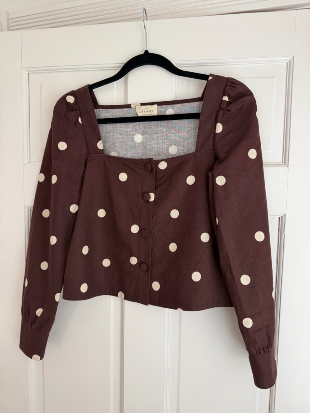 Sézane Brown Linen Polka Dot Square Neck Blouse, Size 34